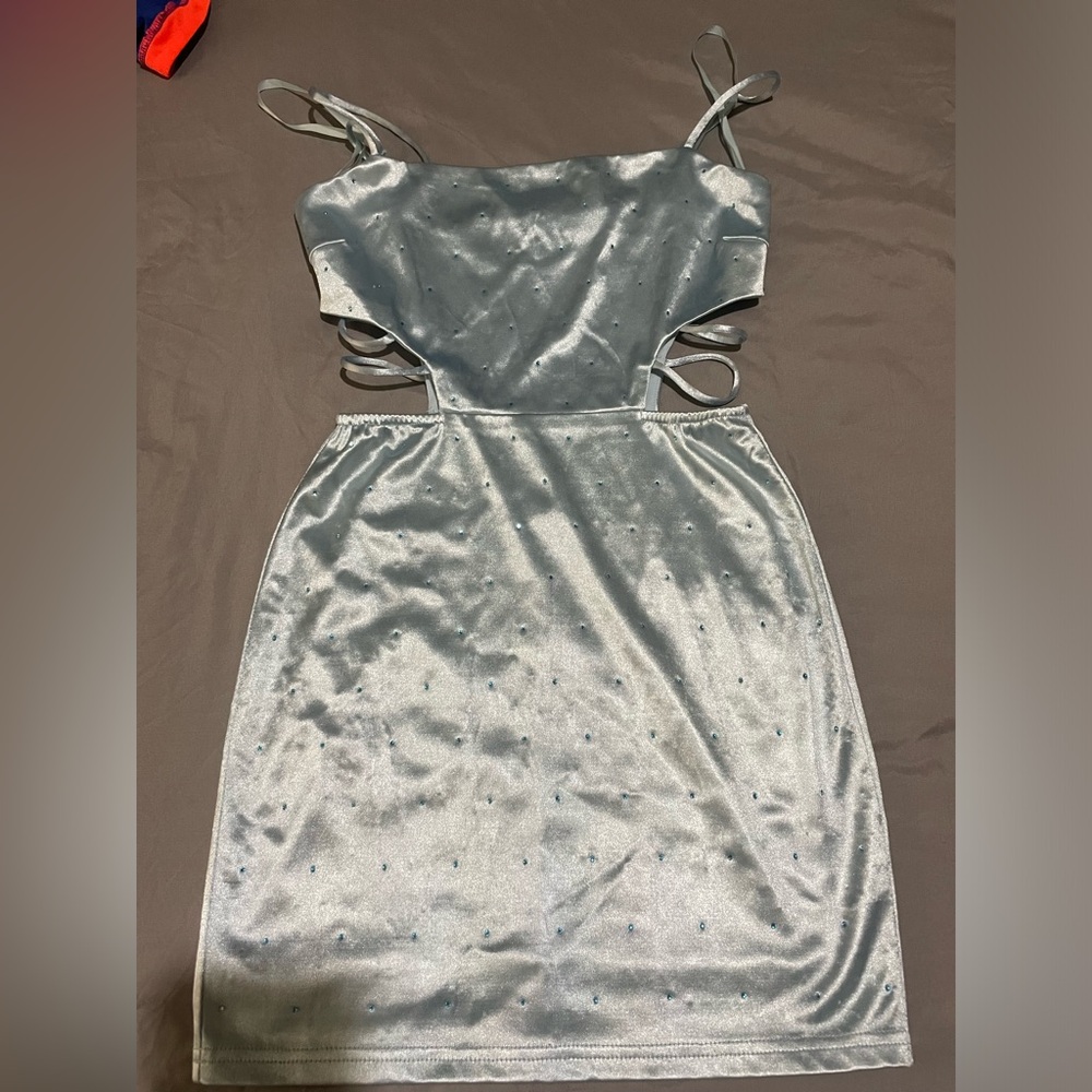 Baby blue silk rhinestone dress